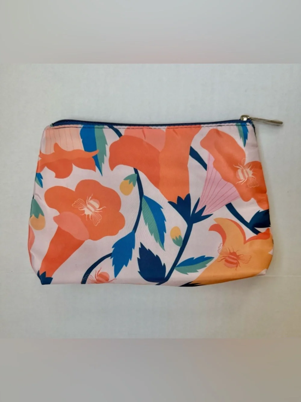 Clinique Zip Top Cosmetic Bag Floral Orange Pink Blue Print